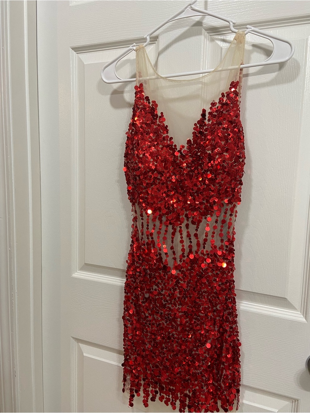 Red Sequin Illusion Mesh Party Dress